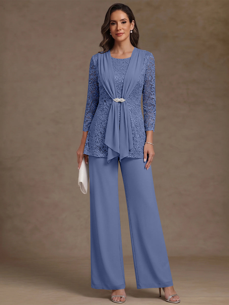 2 Pieces Scoop Chiffon Mother of the Bride Pantsuits Lace Floral 3/4 Sleeves Ankle-Length