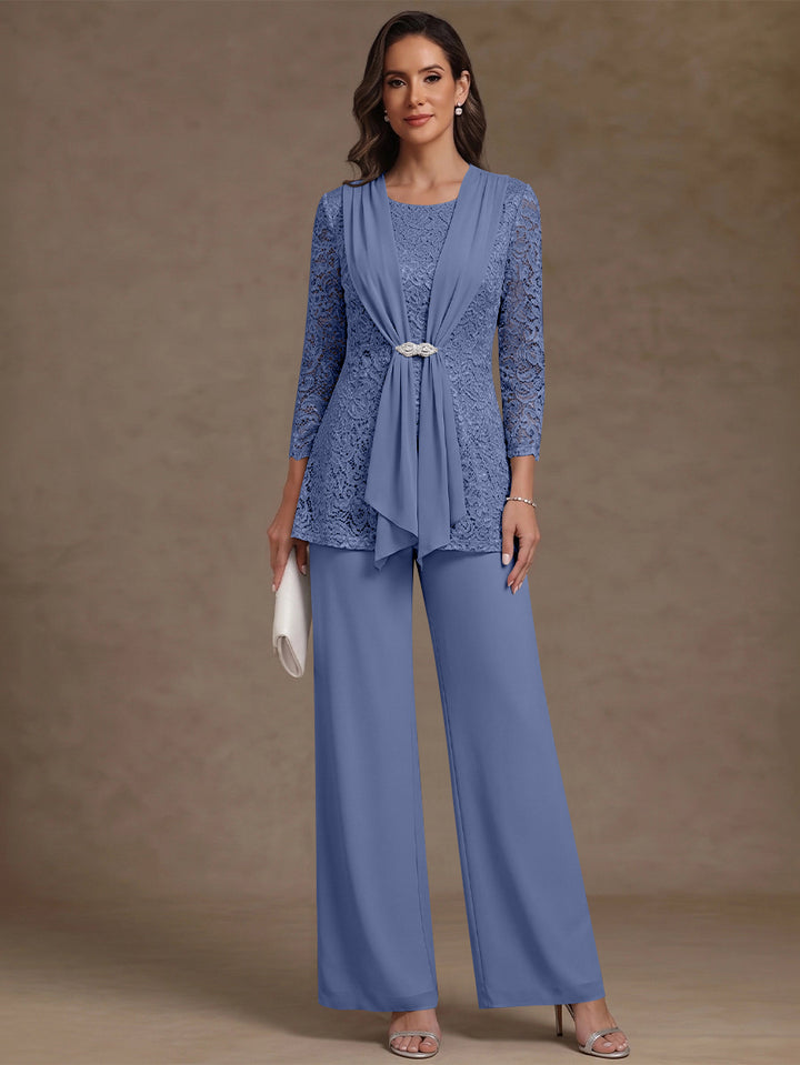 2 Pieces Scoop Chiffon Mother of the Bride Pantsuits Lace Floral 3/4 Sleeves Ankle-Length