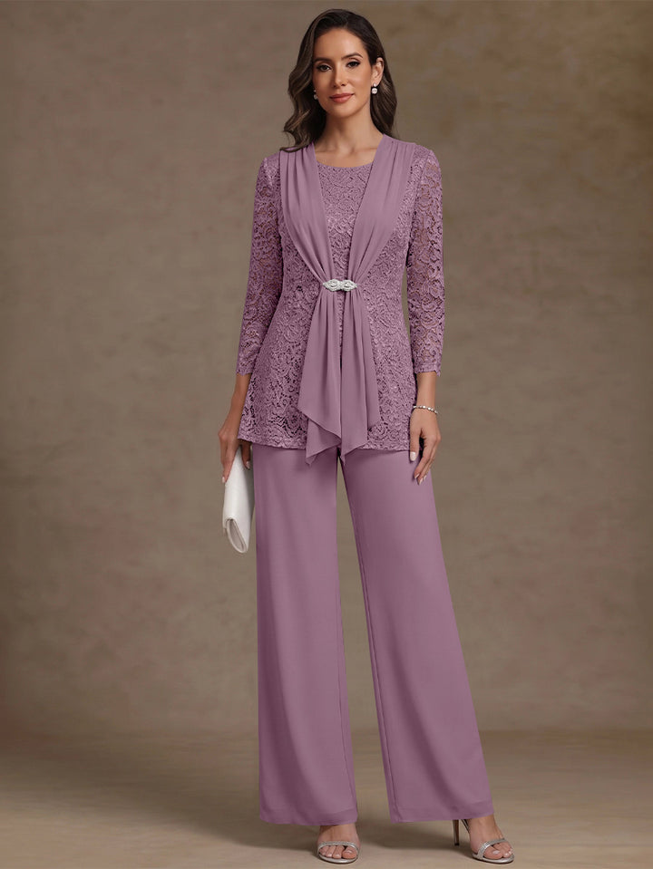 2 Pieces Scoop Chiffon Mother of the Bride Pantsuits Lace Floral 3/4 Sleeves Ankle-Length