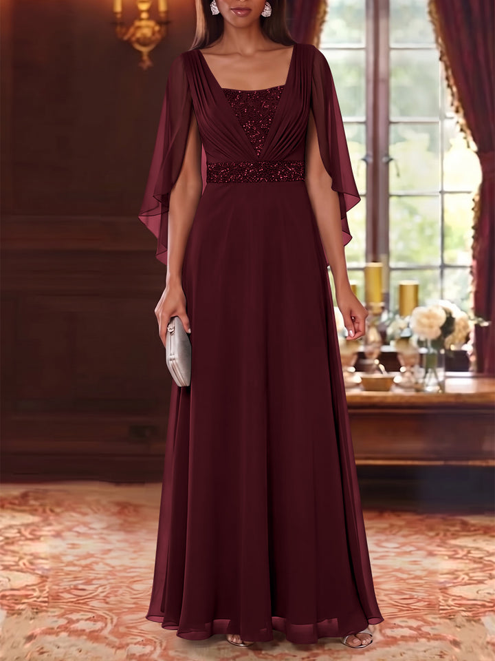A-Line/Princess Square Collar Chiffon Mother of the Bride Dresses Cape Sleeves Floor-Length Sequins