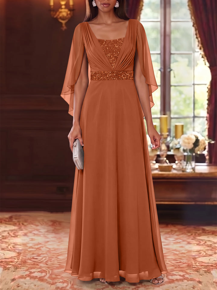 A-Line/Princess Square Collar Chiffon Mother of the Bride Dresses Cape Sleeves Floor-Length Sequins