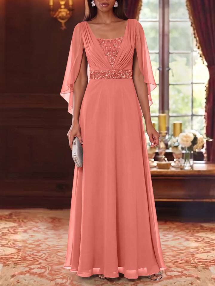 A-Line/Princess Square Collar Chiffon Mother of the Bride Dresses Cape Sleeves Floor-Length Sequins