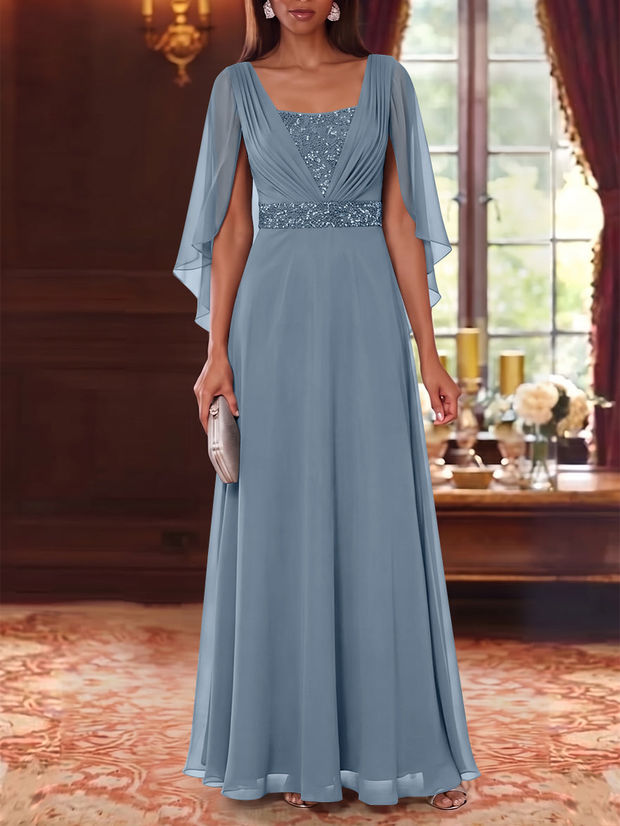 A-Line/Princess Square Collar Chiffon Mother of the Bride Dresses Cape Sleeves Floor-Length Sequins