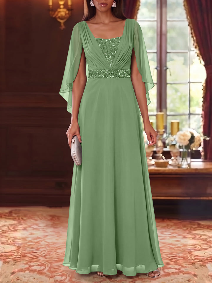 A-Line/Princess Square Collar Chiffon Mother of the Bride Dresses Cape Sleeves Floor-Length Sequins