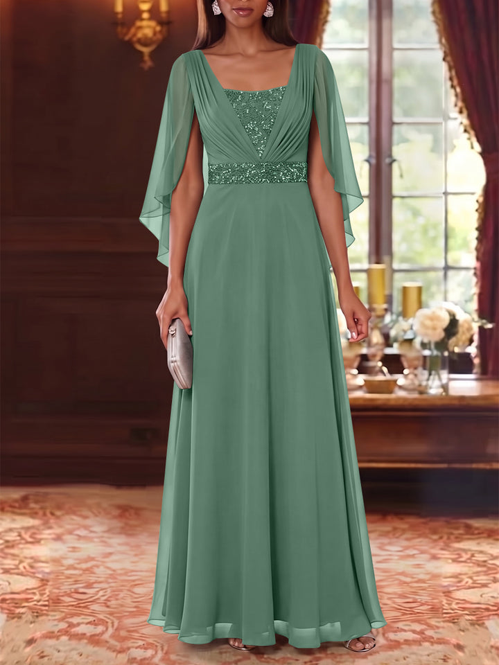 A-Line/Princess Square Collar Chiffon Mother of the Bride Dresses Cape Sleeves Floor-Length Sequins