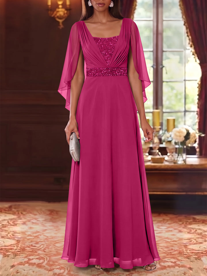 A-Line/Princess Square Collar Chiffon Mother of the Bride Dresses Cape Sleeves Floor-Length Sequins