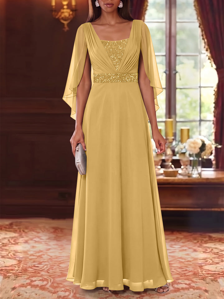 A-Line/Princess Square Collar Chiffon Mother of the Bride Dresses Cape Sleeves Floor-Length Sequins