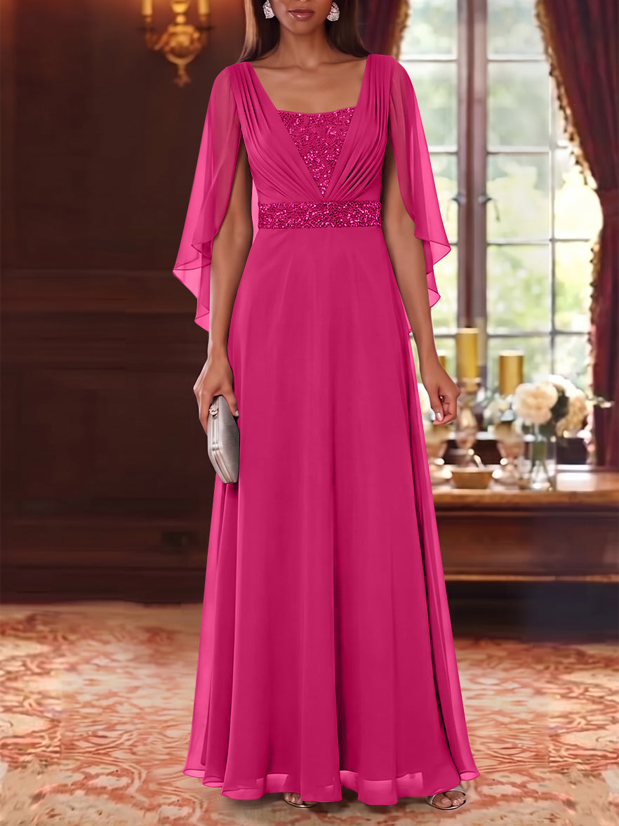 A-Line/Princess Square Collar Chiffon Mother of the Bride Dresses Cape Sleeves Floor-Length Sequins