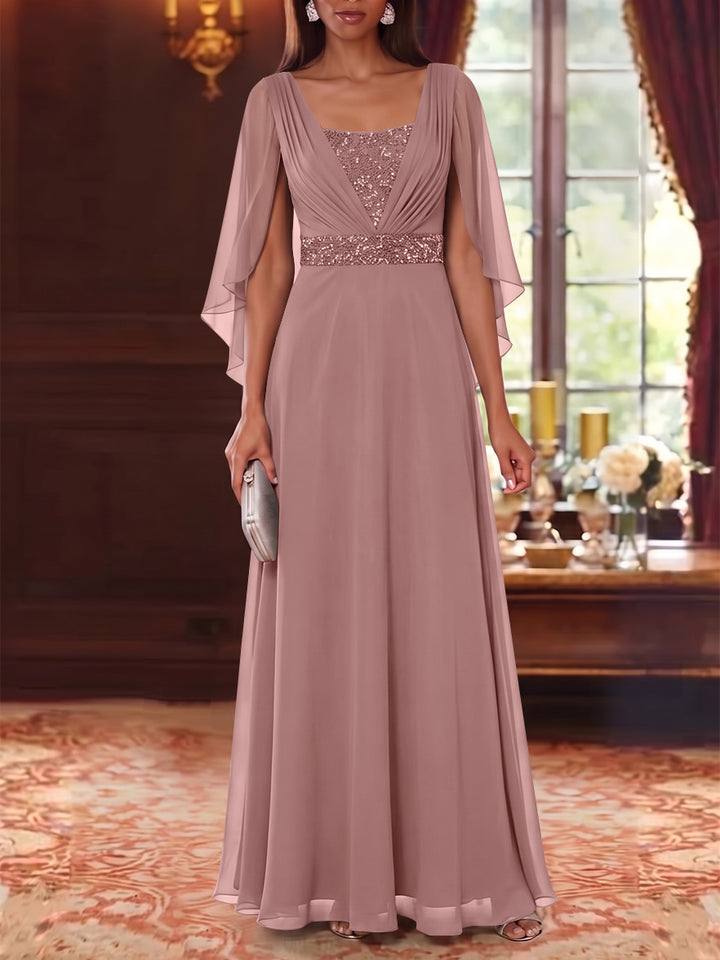 A-Line/Princess Square Collar Chiffon Mother of the Bride Dresses Cape Sleeves Floor-Length Sequins