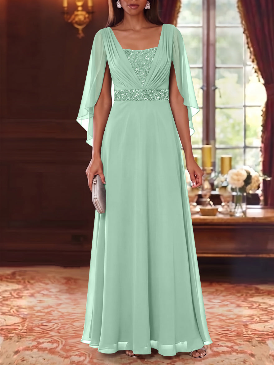 A-Line/Princess Square Collar Chiffon Mother of the Bride Dresses Cape Sleeves Floor-Length Sequins