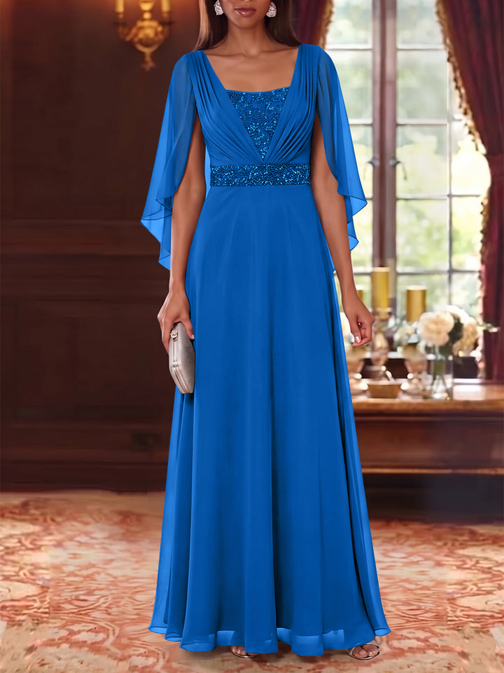 A-Line/Princess Square Collar Chiffon Mother of the Bride Dresses Cape Sleeves Floor-Length Sequins
