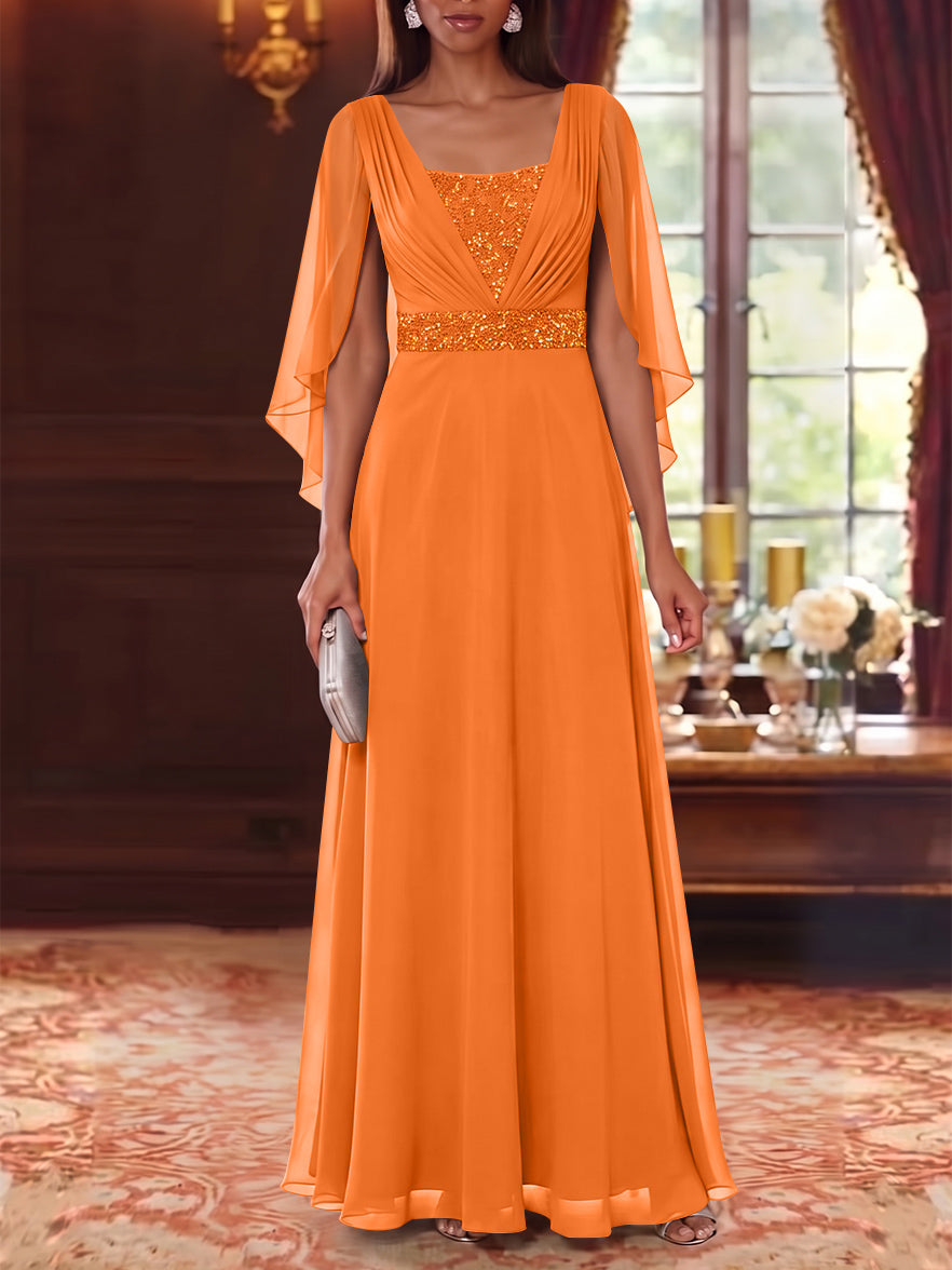 A-Line/Princess Square Collar Chiffon Mother of the Bride Dresses Cape Sleeves Floor-Length Sequins
