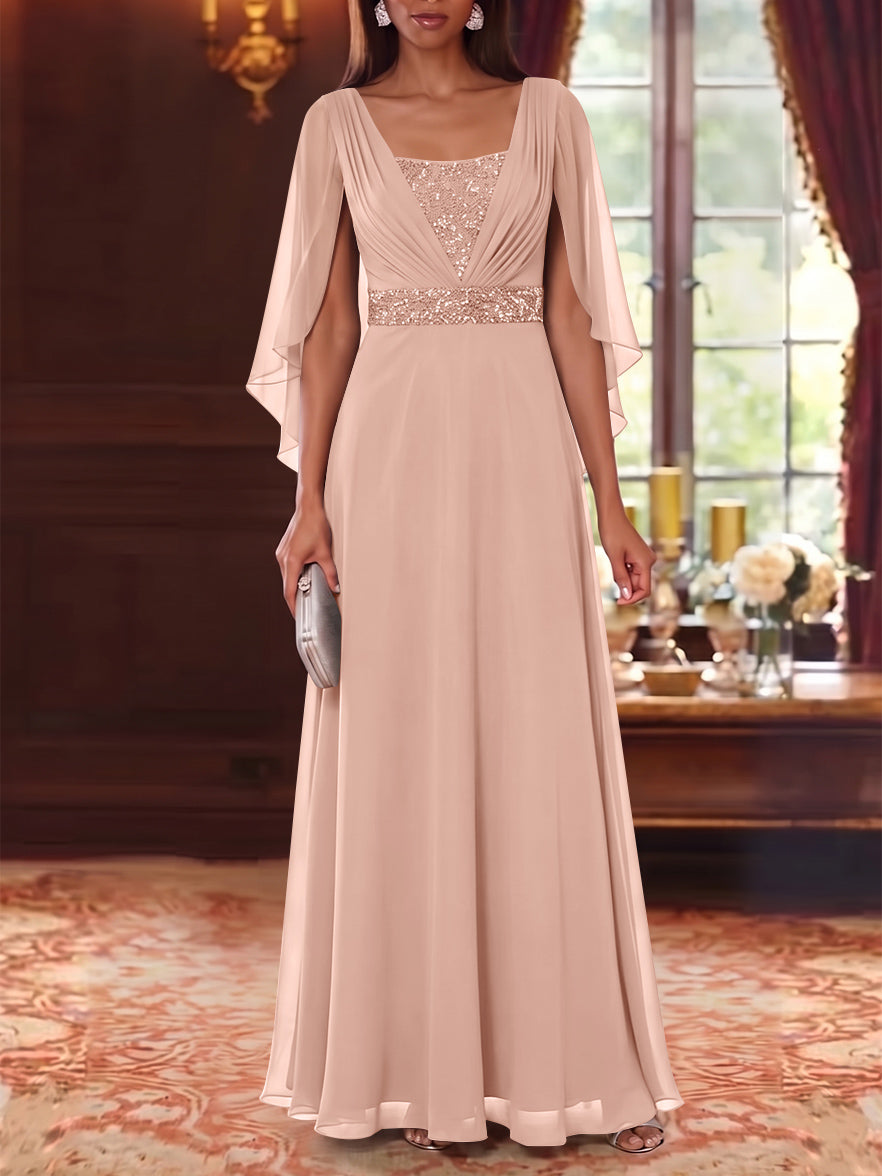 A-Line/Princess Square Collar Chiffon Mother of the Bride Dresses Cape Sleeves Floor-Length Sequins