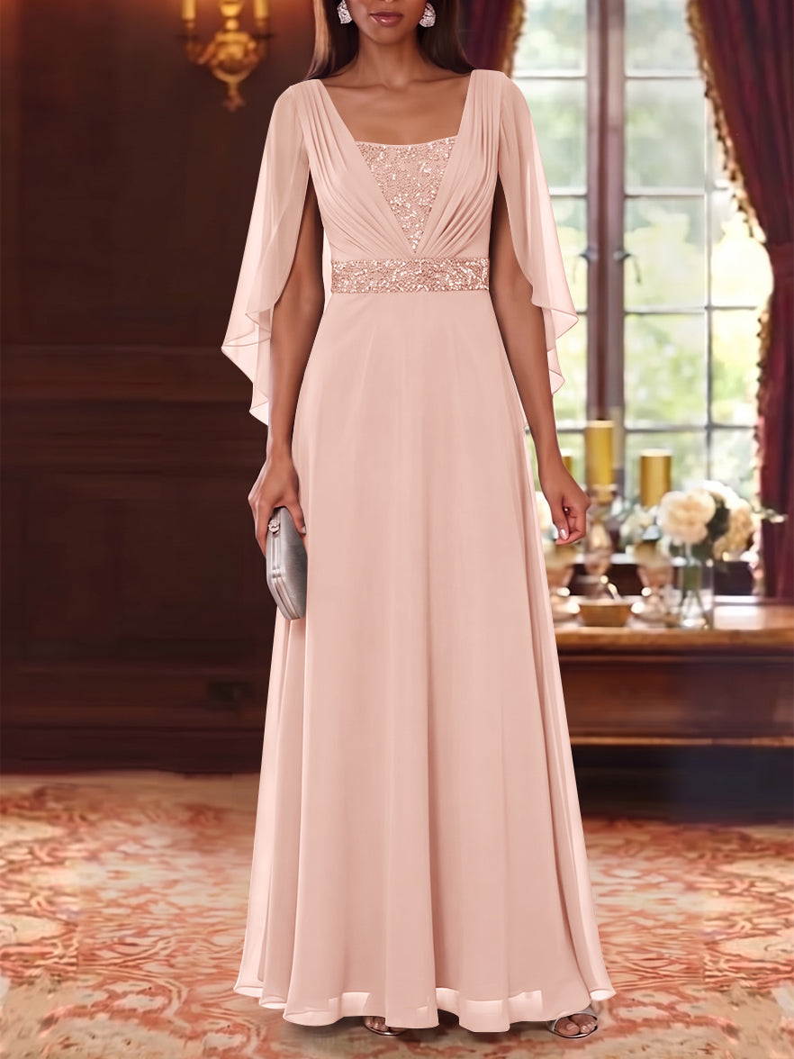 A-Line/Princess Square Collar Chiffon Mother of the Bride Dresses Cape Sleeves Floor-Length Sequins
