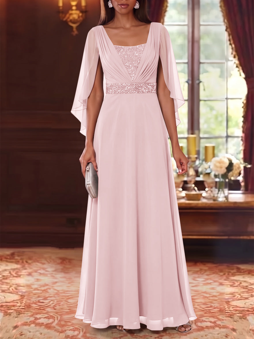 A-Line/Princess Square Collar Chiffon Mother of the Bride Dresses Cape Sleeves Floor-Length Sequins