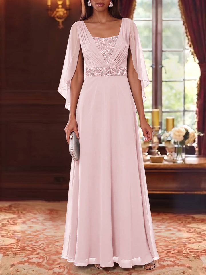 A-Line/Princess Square Collar Chiffon Mother of the Bride Dresses Cape Sleeves Floor-Length Sequins