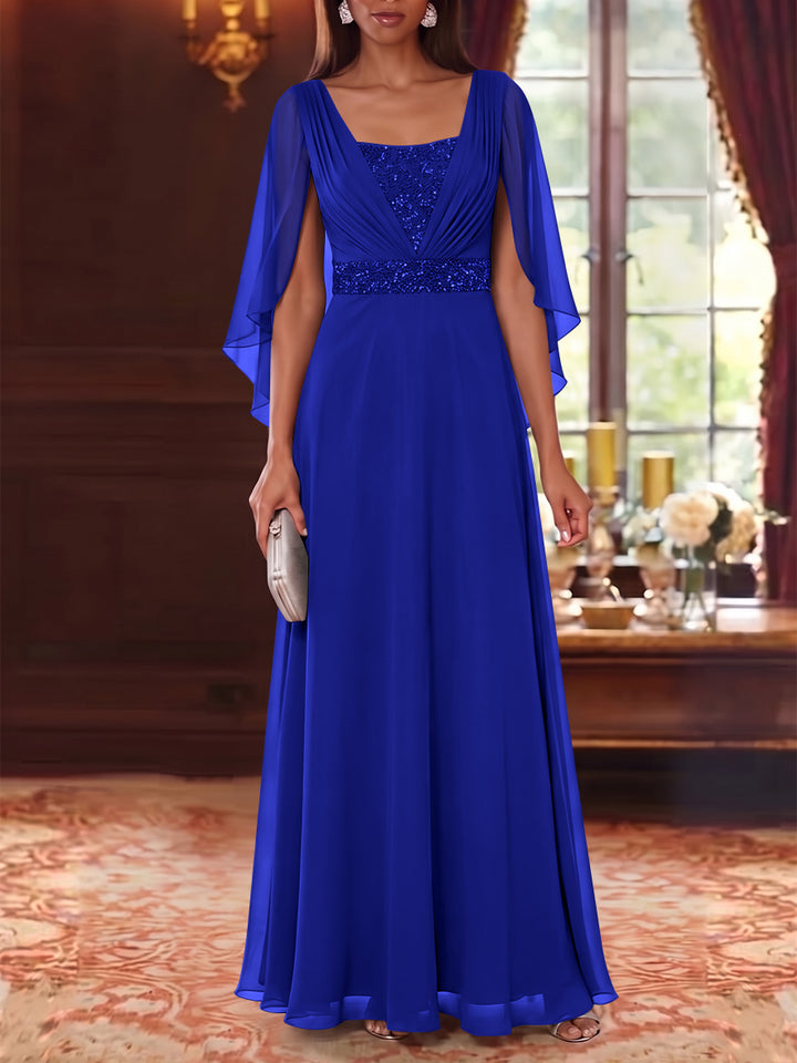 A-Line/Princess Square Collar Chiffon Mother of the Bride Dresses Cape Sleeves Floor-Length Sequins