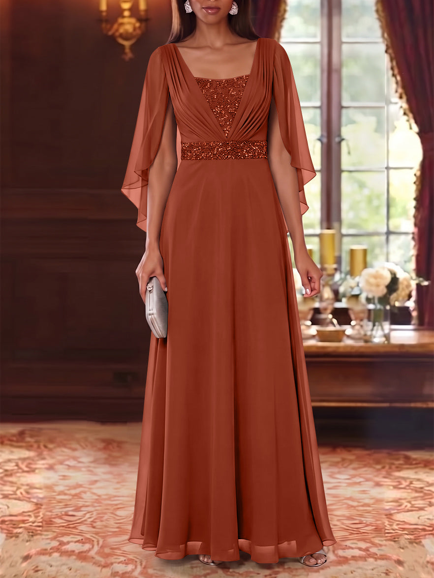 A-Line/Princess Square Collar Chiffon Mother of the Bride Dresses Cape Sleeves Floor-Length Sequins