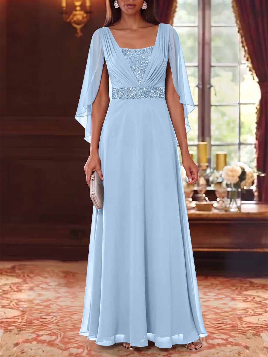 A-Line/Princess Square Collar Chiffon Mother of the Bride Dresses Cape Sleeves Floor-Length Sequins