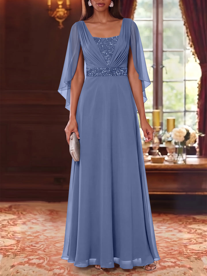 A-Line/Princess Square Collar Chiffon Mother of the Bride Dresses Cape Sleeves Floor-Length Sequins
