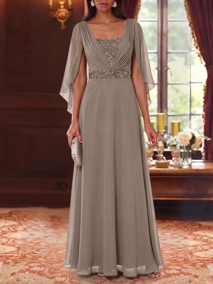 A-Line/Princess Square Collar Chiffon Mother of the Bride Dresses Cape Sleeves Floor-Length Sequins