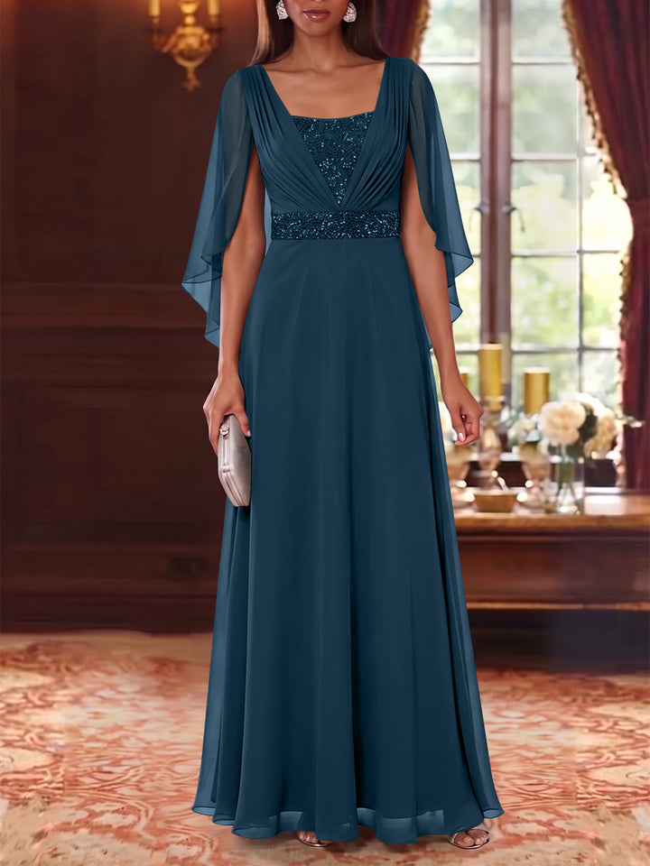 A-Line/Princess Square Collar Chiffon Mother of the Bride Dresses Cape Sleeves Floor-Length Sequins