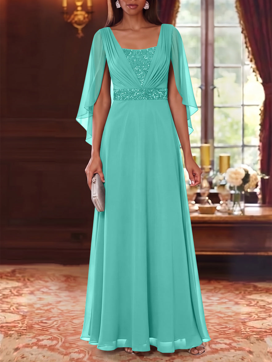 A-Line/Princess Square Collar Chiffon Mother of the Bride Dresses Cape Sleeves Floor-Length Sequins