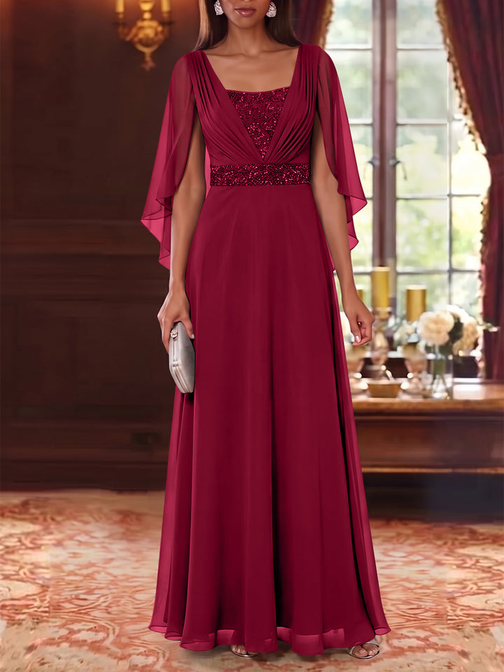 A-Line/Princess Square Collar Chiffon Mother of the Bride Dresses Cape Sleeves Floor-Length Sequins