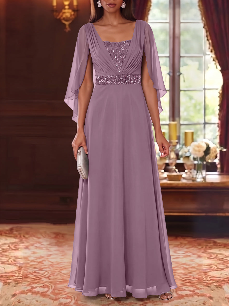 A-Line/Princess Square Collar Chiffon Mother of the Bride Dresses Cape Sleeves Floor-Length Sequins