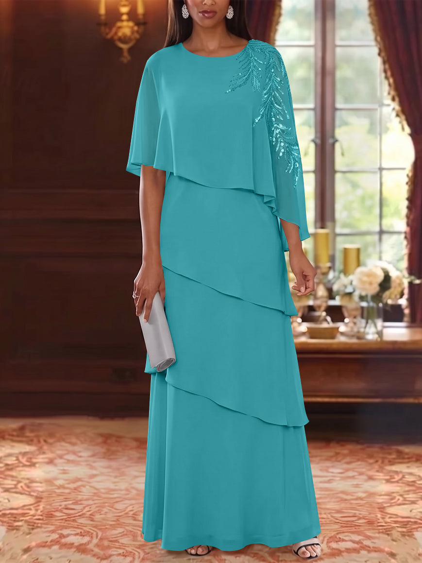 A-Line/Princess Scoop Chiffon Mother of the Bride Dresses Cape Sleeves Floor-Length Floral Sequins