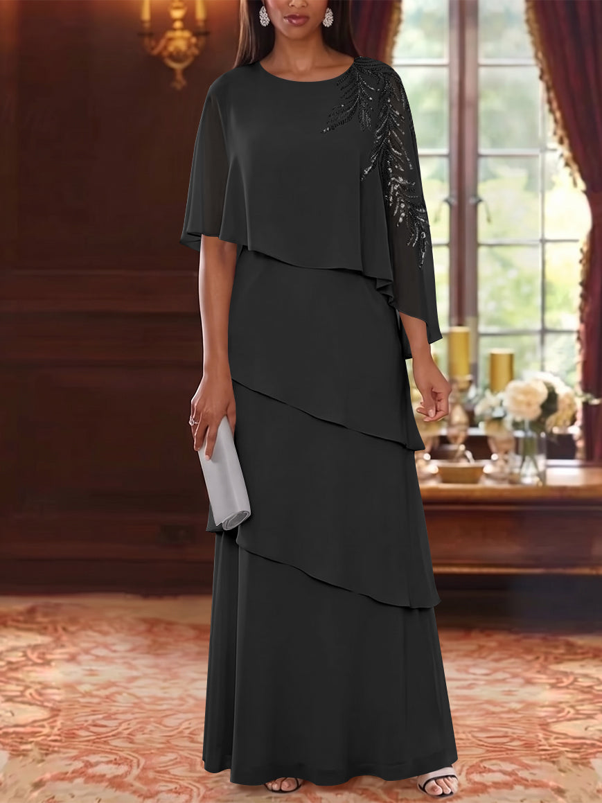 A-Line/Princess Scoop Chiffon Mother of the Bride Dresses Cape Sleeves Floor-Length Floral Sequins