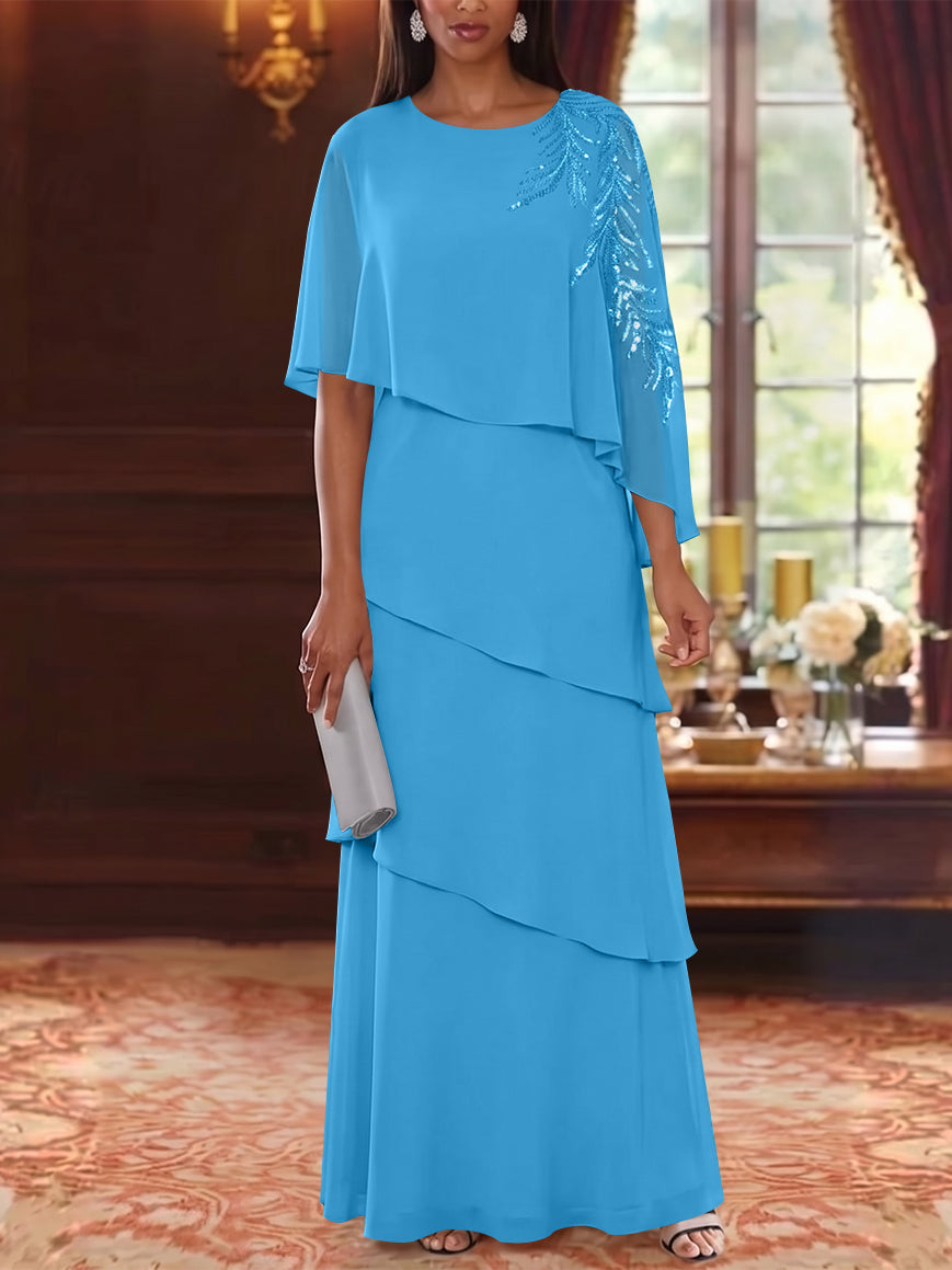A-Line/Princess Scoop Chiffon Mother of the Bride Dresses Cape Sleeves Floor-Length Floral Sequins