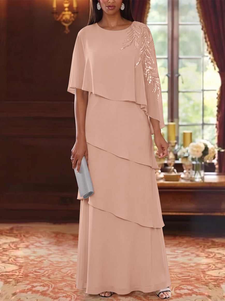 A-Line/Princess Scoop Chiffon Mother of the Bride Dresses Cape Sleeves Floor-Length Floral Sequins