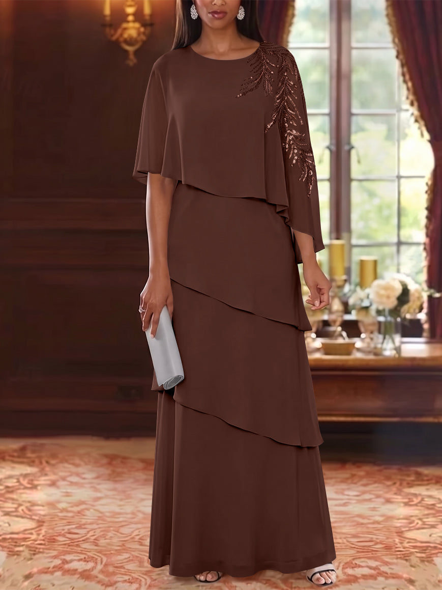 A-Line/Princess Scoop Chiffon Mother of the Bride Dresses Cape Sleeves Floor-Length Floral Sequins