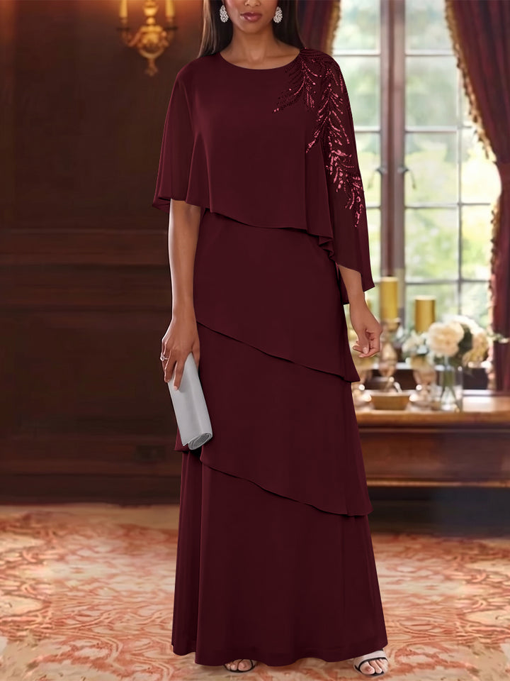 A-Line/Princess Scoop Chiffon Mother of the Bride Dresses Cape Sleeves Floor-Length Floral Sequins