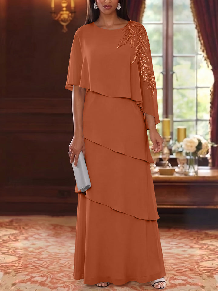 A-Line/Princess Scoop Chiffon Mother of the Bride Dresses Cape Sleeves Floor-Length Floral Sequins