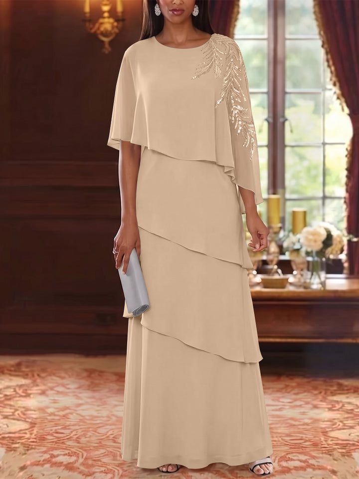 A-Line/Princess Scoop Chiffon Mother of the Bride Dresses Cape Sleeves Floor-Length Floral Sequins