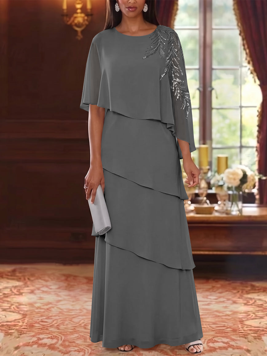 A-Line/Princess Scoop Chiffon Mother of the Bride Dresses Cape Sleeves Floor-Length Floral Sequins