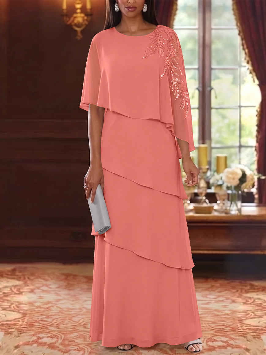 A-Line/Princess Scoop Chiffon Mother of the Bride Dresses Cape Sleeves Floor-Length Floral Sequins