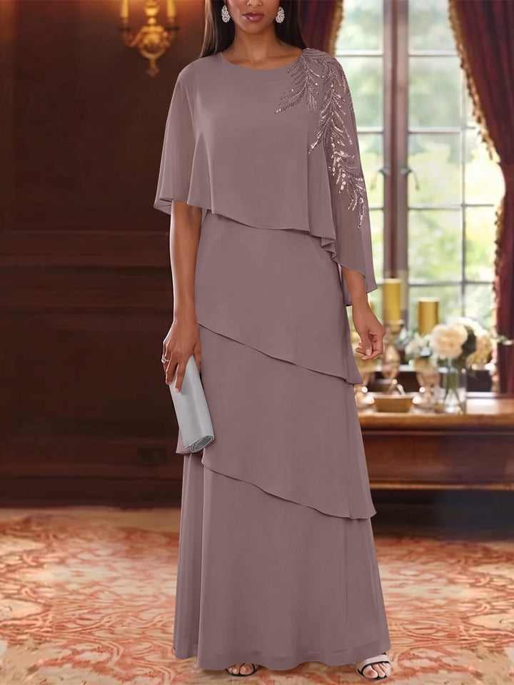A-Line/Princess Scoop Chiffon Mother of the Bride Dresses Cape Sleeves Floor-Length Floral Sequins