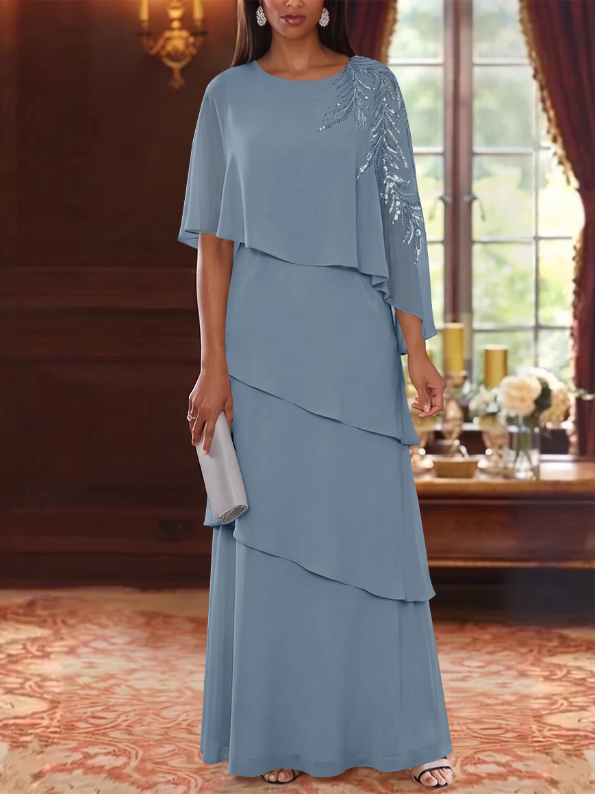 A-Line/Princess Scoop Chiffon Mother of the Bride Dresses Cape Sleeves Floor-Length Floral Sequins