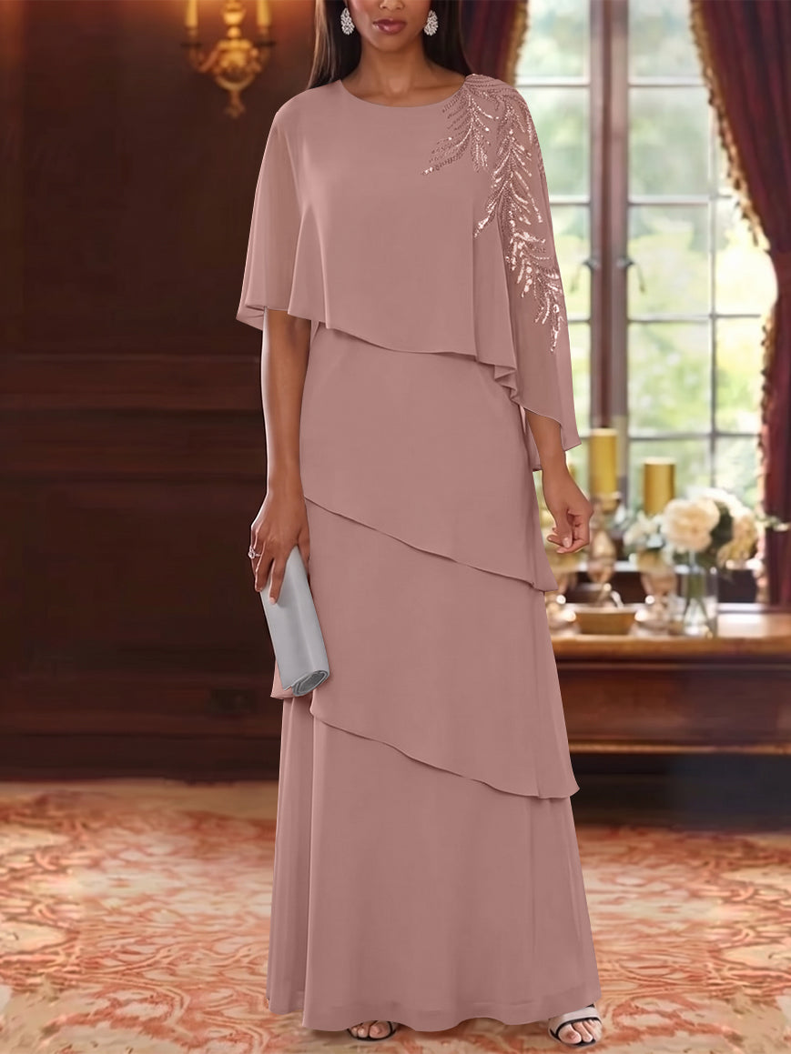 A-Line/Princess Scoop Chiffon Mother of the Bride Dresses Cape Sleeves Floor-Length Floral Sequins