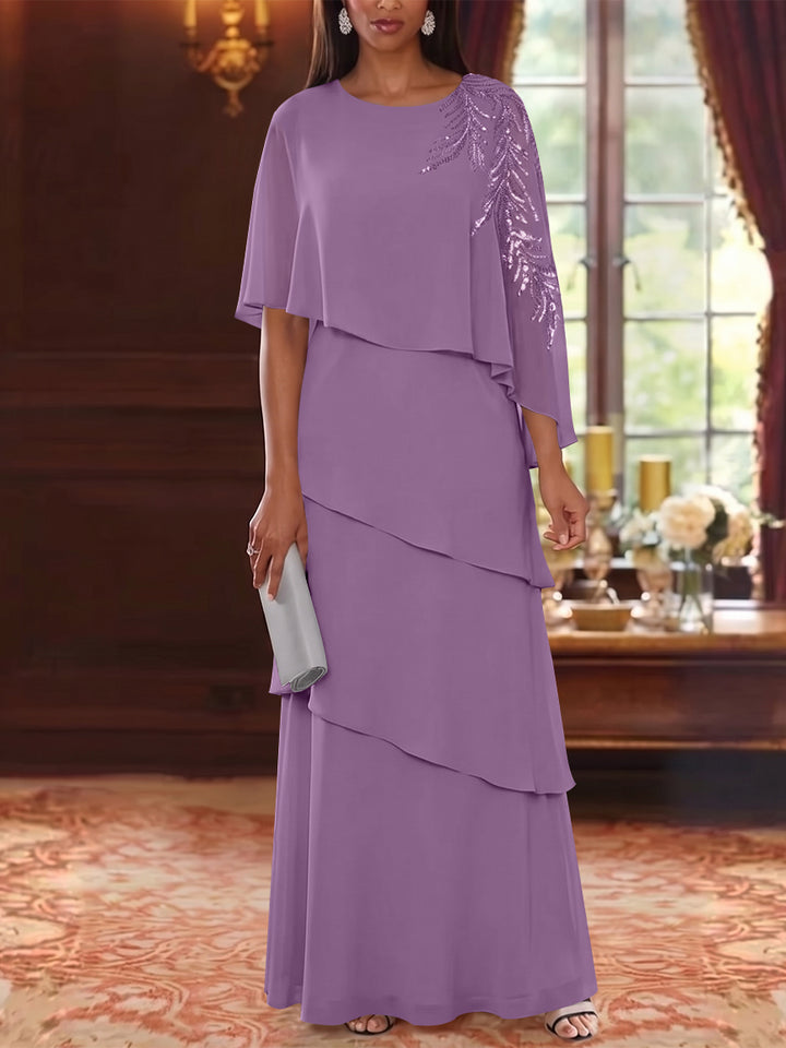A-Line/Princess Scoop Chiffon Mother of the Bride Dresses Cape Sleeves Floor-Length Floral Sequins