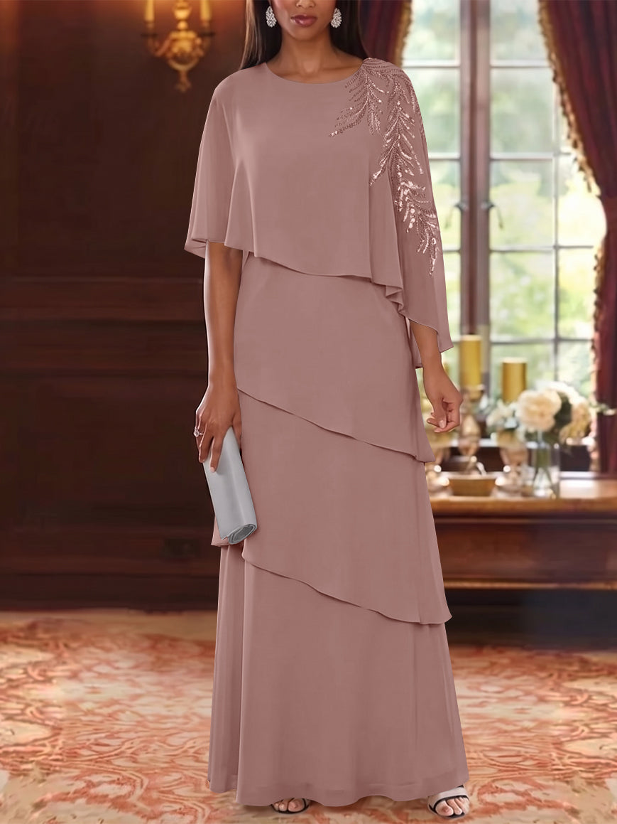 A-Line/Princess Scoop Chiffon Mother of the Bride Dresses Cape Sleeves Floor-Length Floral Sequins