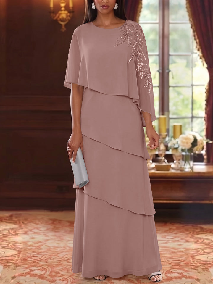 A-Line/Princess Scoop Chiffon Mother of the Bride Dresses Cape Sleeves Floor-Length Floral Sequins