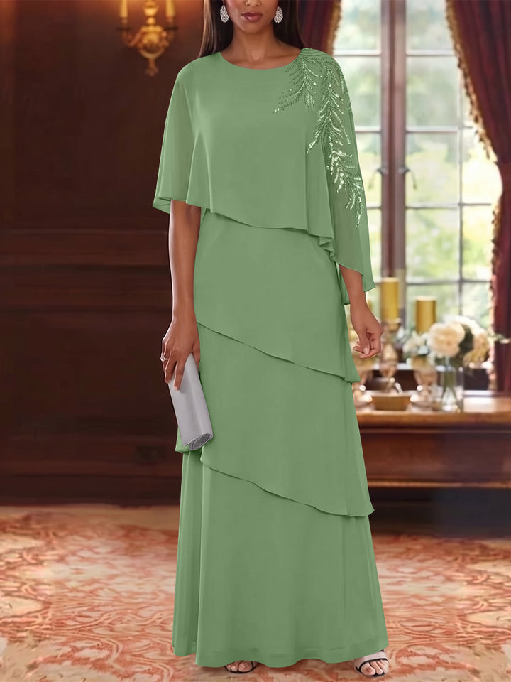 A-Line/Princess Scoop Chiffon Mother of the Bride Dresses Cape Sleeves Floor-Length Floral Sequins