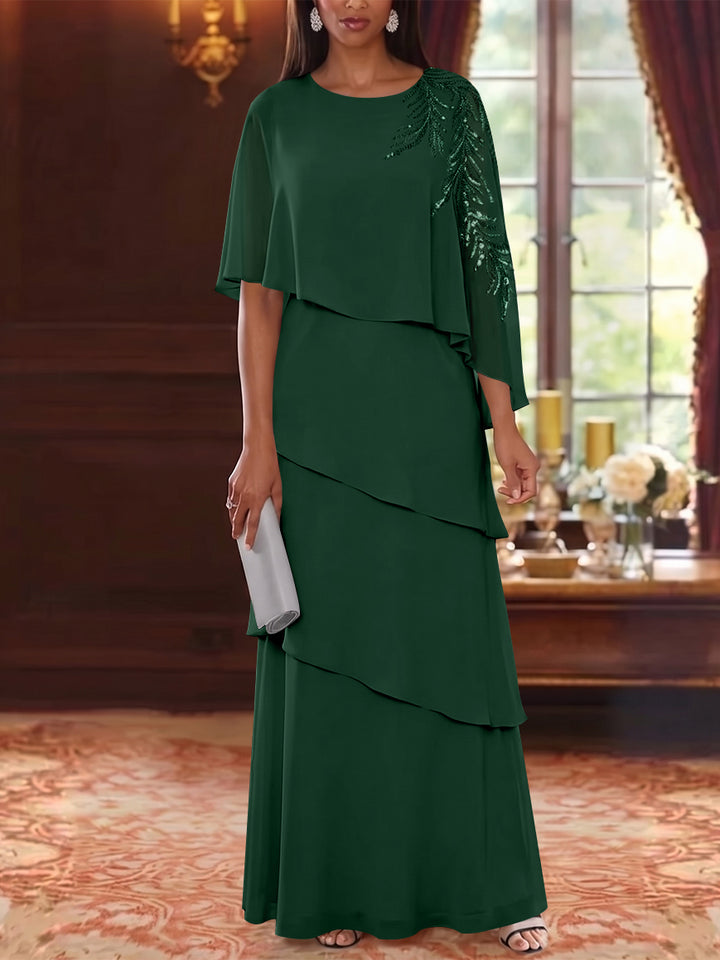 A-Line/Princess Scoop Chiffon Mother of the Bride Dresses Cape Sleeves Floor-Length Floral Sequins