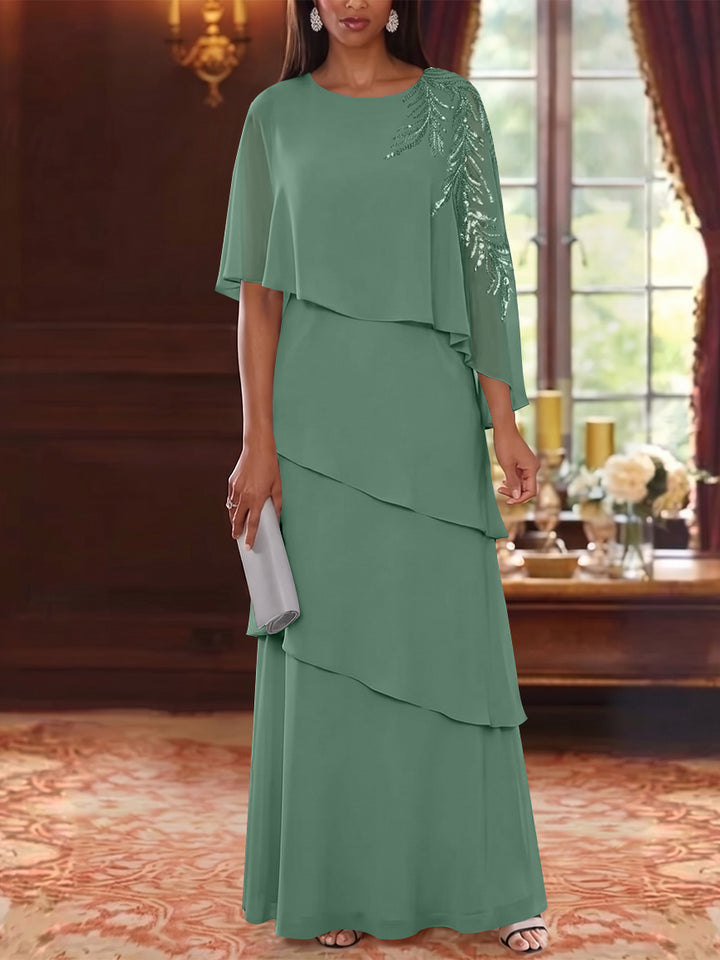 A-Line/Princess Scoop Chiffon Mother of the Bride Dresses Cape Sleeves Floor-Length Floral Sequins