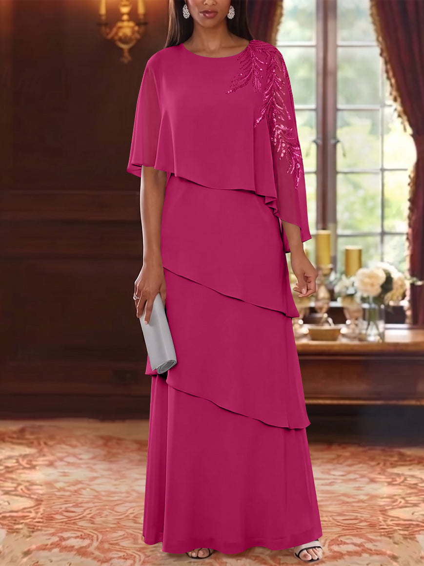 A-Line/Princess Scoop Chiffon Mother of the Bride Dresses Cape Sleeves Floor-Length Floral Sequins