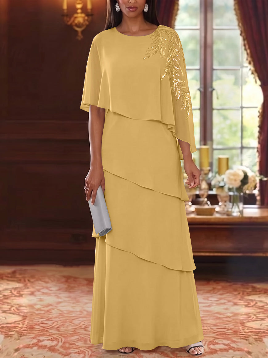 A-Line/Princess Scoop Chiffon Mother of the Bride Dresses Cape Sleeves Floor-Length Floral Sequins